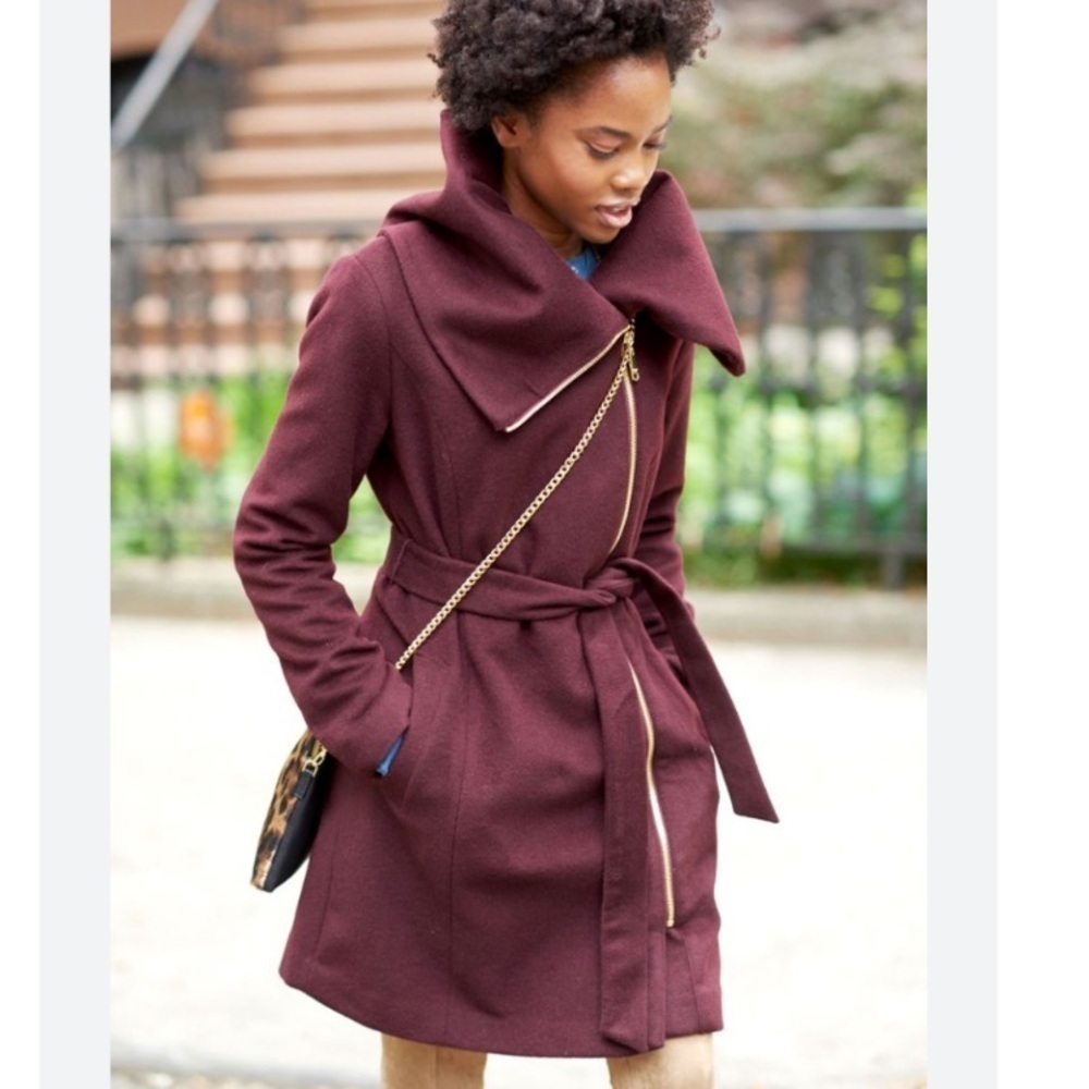 Cole Haan Signature Asymmetrical Wool Blend Wrap Coat – Burgundy Wine, Size 8